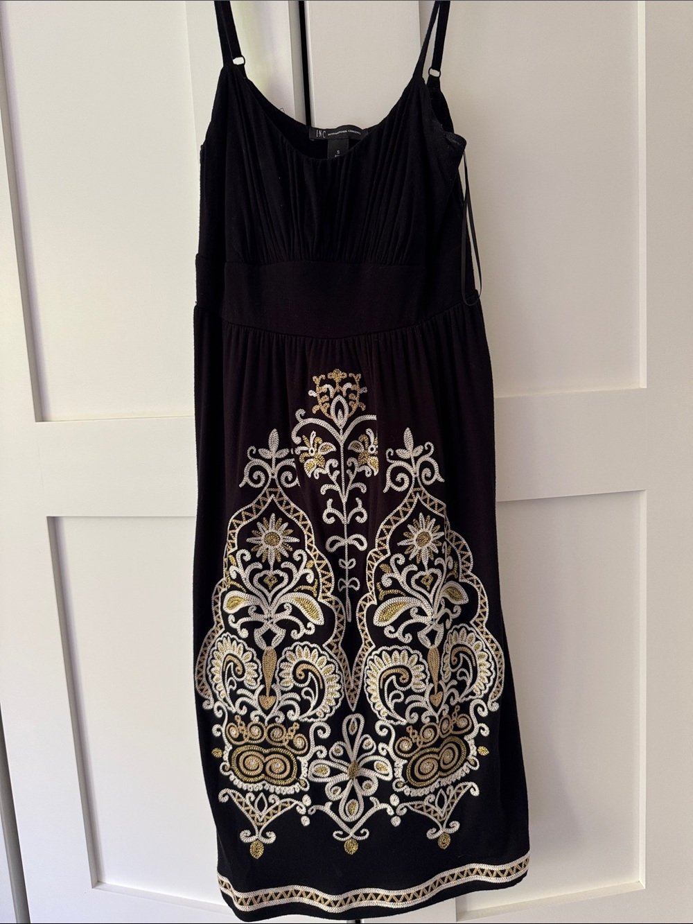 INC International Concepts Black Midi Dress with Gold & White Embroidery